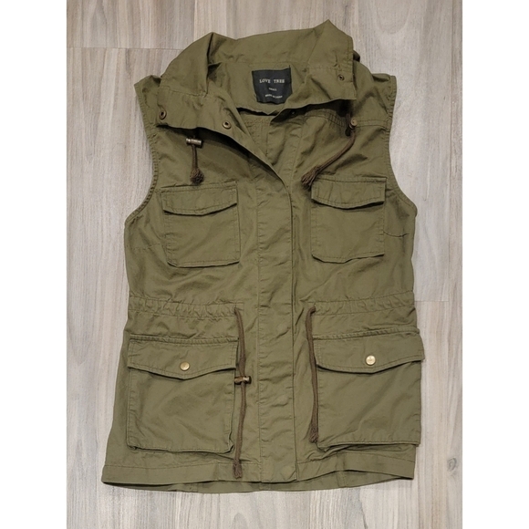 Love Tree Army Green Cotton Utility Vest - Picture 1 of 8